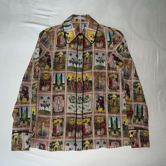 Alice + Olivia Alfie Tarot Card Silk Button Down Blouse Mystical Print Shirt XS - Picture 2 of 7